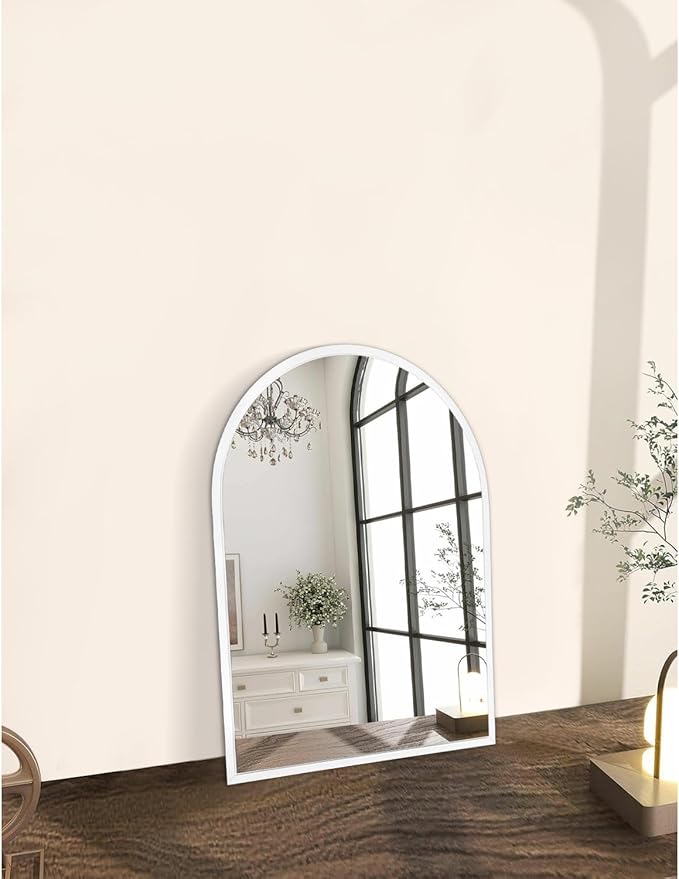 Arched Wall Mirror Aluminum Alloy Frame Bathroom Mirror Brushed Metal Vanity Wall Mounted Mirror for LivingRoom Bedroom Entryway Room Home Decor White 16"x12"