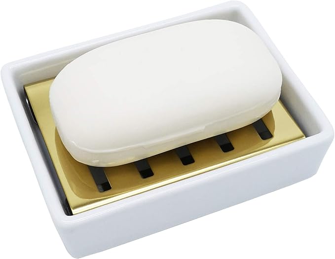 Lofekea Ceramic Soap Dish Gold Stainless Steel Soap Holder for Shower and Bathroom Double Layer Draining Soap Box