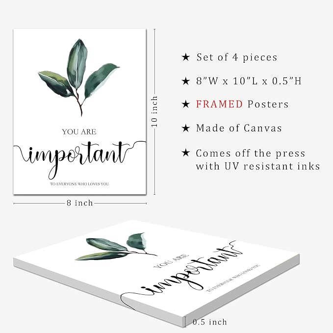 FRAMED Motivational Wall Art, Inspirational Quote Wall Art, Boho Botanical Leaf Wall Decor, Office Study Living Room Bedroom Decor, Set of 4, 8x10 inch (20x25 cm)