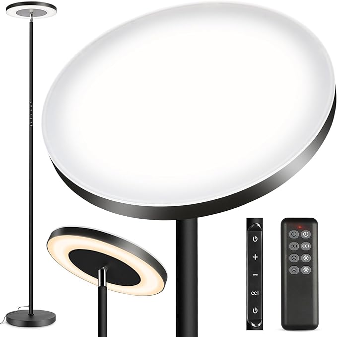 OUTON LED Torchiere Floor Lamp, Super Bright Dimmable Tall Standing Lamp with Remote Touch Control, 4 Color Temperatures, 1-Hour Timer for Living Room, Bedroom, Office (Classic Black)