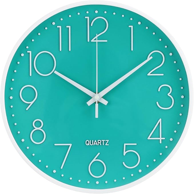 Wall Clock Non-Ticking Silent Modern Simple Style Round Decor Clock Stereoscopic Dial Quartz Wall Clocks for Home/Office/School/Living Room/Bedroom/Kitchen (Turquoise, 8inch)