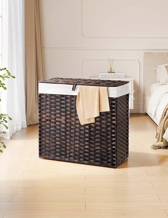 Greenstell Laundry Hamper with Lid, 125L Laundry Basket with 2 Removable Liner Bags & 2 Mesh Bags, Handwoven Synthetic Rattan Clothes Hamper for Clothes, Toys in Bathroom, Bedroom, Foldable, Brown