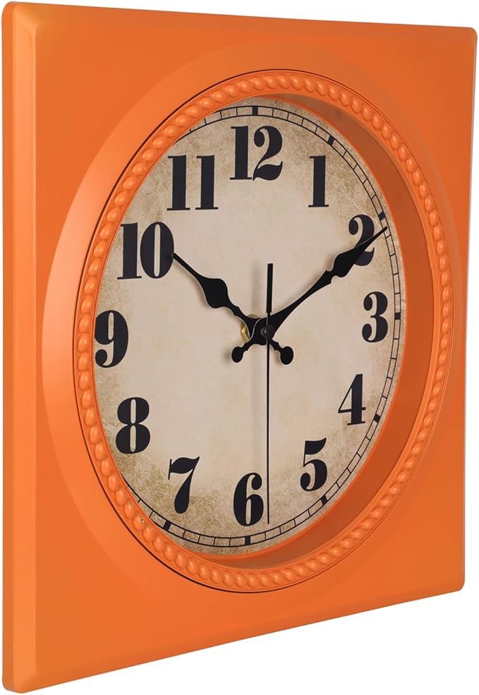 Orange Retro Wall Clocks Battery Operated 12 Inch- 1950s Style Square Vintage Clock for Kitchen Living Room Home Decor