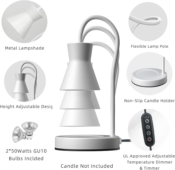 Candle Warmer Lamp with Timer and Dimmer, Vintage Electric Candle Melter with 2 Bulbs, Melter Scented Candle Height Adjustable Compatible with Jar Candles, House Warming Gifts (White)