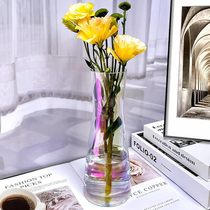 Aoderun Flower Vase for Decor 10" Clear Glass Vase for Centerpieces Large Vases for Flowers Dried Flower Home Decor Living Room Kitchen Office Wedding(Iridescent Clear)