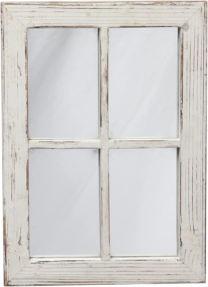 Rustic Small Window Pane Mirror Wall Decor 11 x 16 inches, Hanging Distressed White Farmhouse Rectangle Wood Frame Mirror, Handmade Decorative Window Mirrors for Living Room Christmas