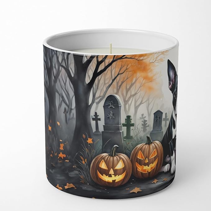 Caroline's Treasures DAC2022CDL Boston Terrier Spooky Halloween Decorative Soy Candle Nature Soy Wax Essential Oil Home Decor Ideal for Bedroom Kitchen Bath Office Gift, 10 oz
