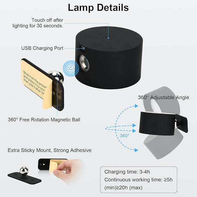 Lightess 2PC LED Wall Sconces, 19 Colors Dimmable Wall Mounted Lamp with Rechargeable Battery Operated USB, 360°Rotate Magnetic Ball, Touch & Remote Control, Cordless Wall Light for Reading Bedside