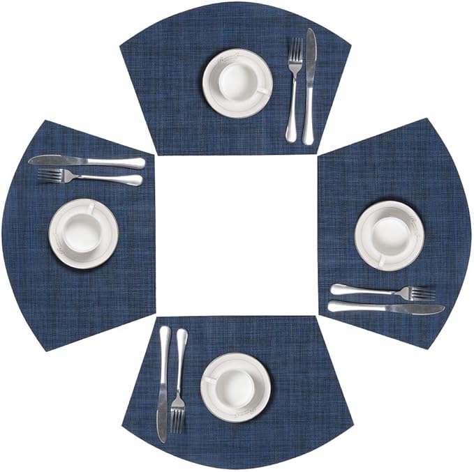 SHACOS Small Round Table Placemats Wedge Placemat Set of 4 Non Slip Heat Resistant Woven Vinyl Table Mats Wipe Clean Indoor Outdoor (4, Blue Black)