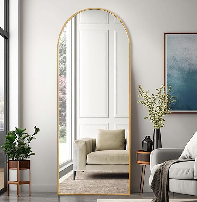 Arched Full Length Mirror, 64 "x 21" Floor Length Mirror with Stand, Wall Mounted Mirror, Standing Mirror with Aluminum Alloy Frame, Freestanding, Wall-Mounted or Leaning(Gold)