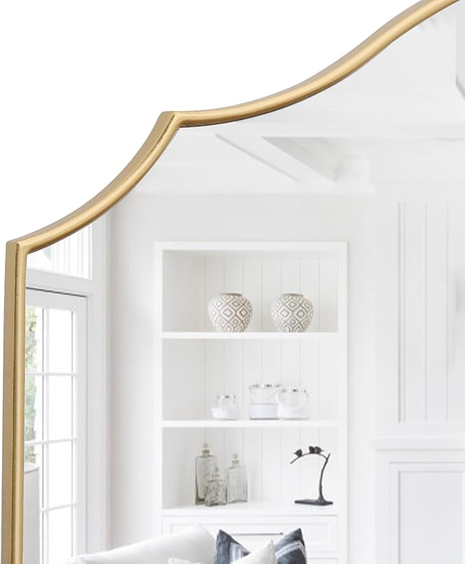 Gold Scalloped Wall Mirror: 40"x29" Large Modern Minimalist Vanity Arched Mirror for Home Decor/Living Room/Bedroom/Fireplace/Mantle/Entryway