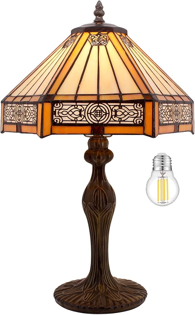 WERFACTORY Tiffany Lamp Yellow Hexagon Stained Glass Mission Style Table Lamp Desk Bedside Reading Light 12X10X18 Inches Decor Bedroom Living Room Home Office S011 Series