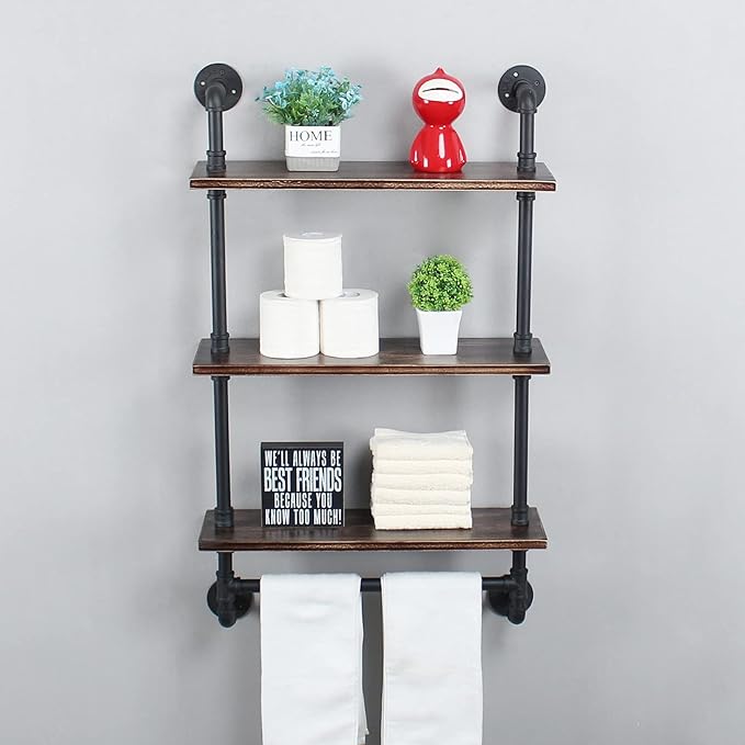 Industrial Pipe Shelving,Iron Pipe Shelves Industrial Bathroom Shelves with Towel bar,24in Rustic Metal Pipe Floating Shelves Pipe Wall Shelf,3 Tier Industrial Shelf Wall Mounted,Retro Black