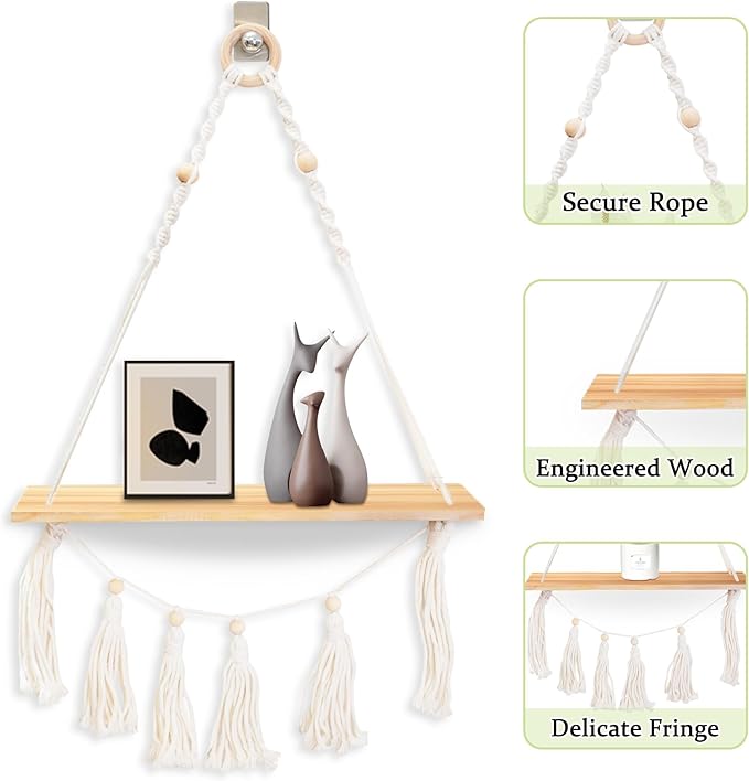 Macrame Wall Hanging Shelves,Boho Decor Floating Shelves Set of 2,Wood Floating Shelves for Wall No Drilling for Plants Photos,Women Girls Bedroom Decor,Living Room (Wooden Two-Pack)