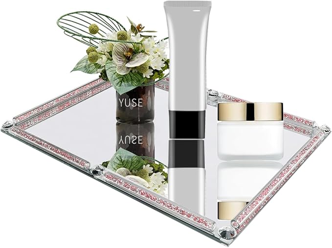 Large Mirrored Vanity Tray, Crushed Diamond Filled Crystal Glass Cosmetic Makeup Tray, Sparkle Perfume Jewelry Trinket Countertop Decorative Tray, for Home Party Hotel Banquet Dresser Bathroom Bedroom