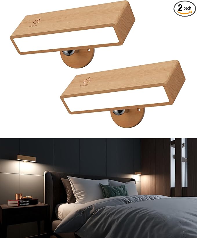 YiLaie Wall Sconces Battery Operated Set of Two,Rechargeable Wall Lamps for Bedroom,Wall Lights Wireless Dimmable,Wood Wall Sconce with 360 Rotation,Peel and Stick Wall Sconces for Bedroom Bedside