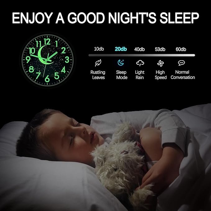 JoFomp Glow in The Dark Wall Clocks Battery Operated, 12 Inch Blue Moon Silent Wall Clock Non Ticking, LED Sound Control Light Up Wall Clock for Bedroom, Night Light Wall Clocks for Living Room Decor