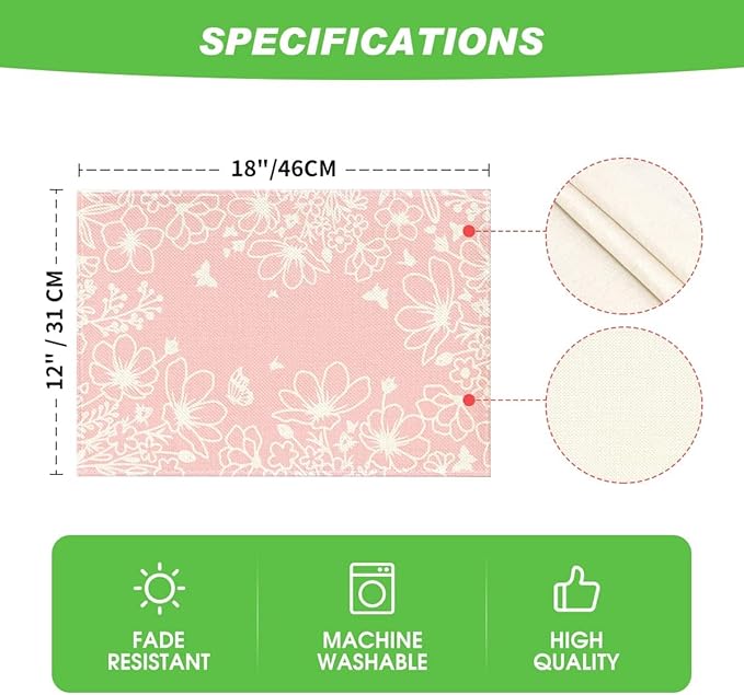 Artoid Mode Pink Bloom Flowers Summer Placemats Set of 4, 12x18 Inch Seasonal Spring Table Mats for Party Kitchen Dining Pink Decoration