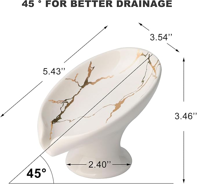 WHJY Ceramic Self Draining Soap Dish for Bar, Small Leaf Shaped Soap Dish, White Marble Soap Dish for Bathroom Shower Soap Holder Tray for Kitchen