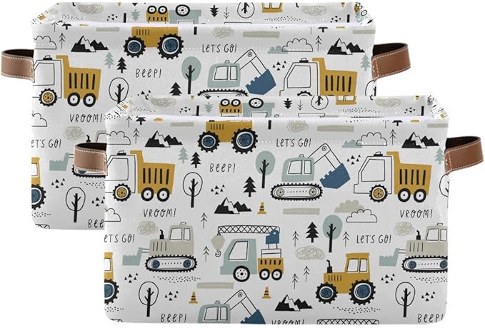 Excavator Truck Toy Storage Basket Fabric Kitchen Baskets Cars Boys Toys Open Home Storage Bins Boxes Foldable Organizer Bag for Baby Cloth Book Shelf Closet Baskets 16×12×8 Inches