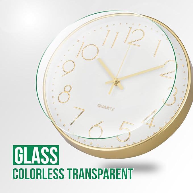 Wall Clock 10 Inch Non-Ticking Silent Modern Simple Style Round Decor Clock Gold Stereoscopic Dial Quartz Wall Clocks for Home/Office/School/Living Room/Bedroom/Kitchen
