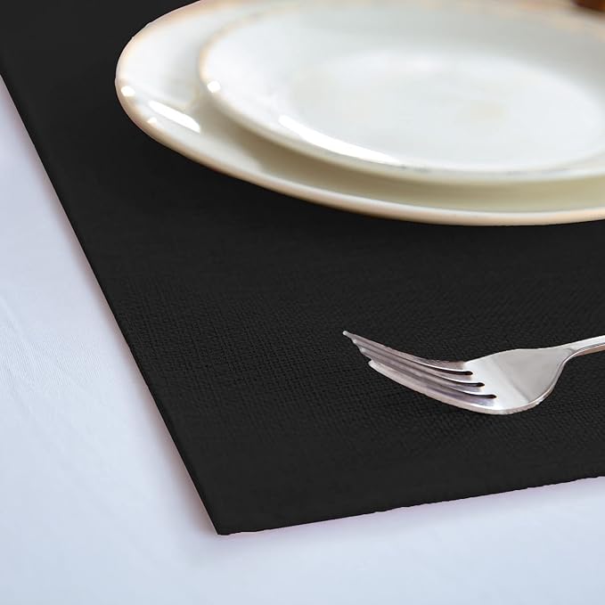 Linen Placemats Set of 8, Machine Washable, Heat Resistant, Wrinkle Free, Thick Polyester Kitchen Place Mats for Dining Table (Black)