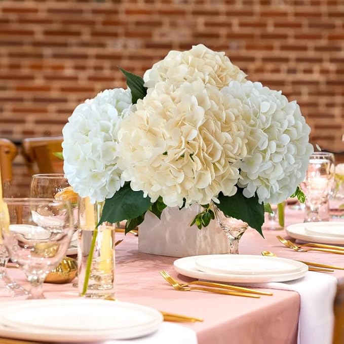 Boho Silk Hydrangea Artificial Flowers, 4Pcs 22" Large Lifelike Flowers,Artificial Hydrangeas for Indoor Bouquet Table Centerpieces Home(Cream/Yellow)