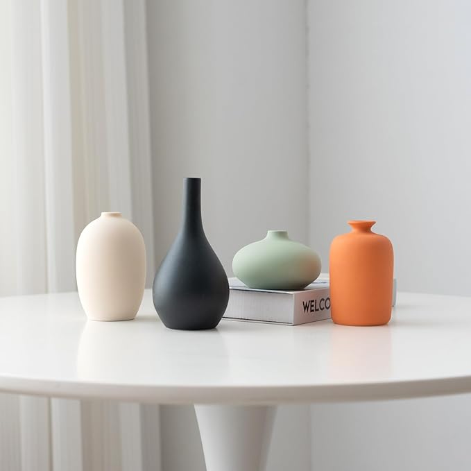 Small Matte Ceramic Vase Set of 4 - Rustic Farmhouse Decorative Vases for Shelf,Office, Home & Bohemian Style - Modern Decor Design Living Room, Table, Mantel,Colorful Unique Flower Vases