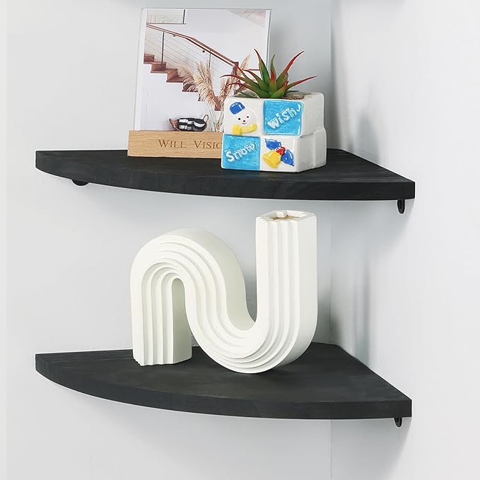 Corner Wall Shelves Set of 2, Rustic Wood Corner Floating Shelves with Cable Raceway, Wall Mount Storage Display for TV Accessories (Black, Fan-shaped-12 Inch)