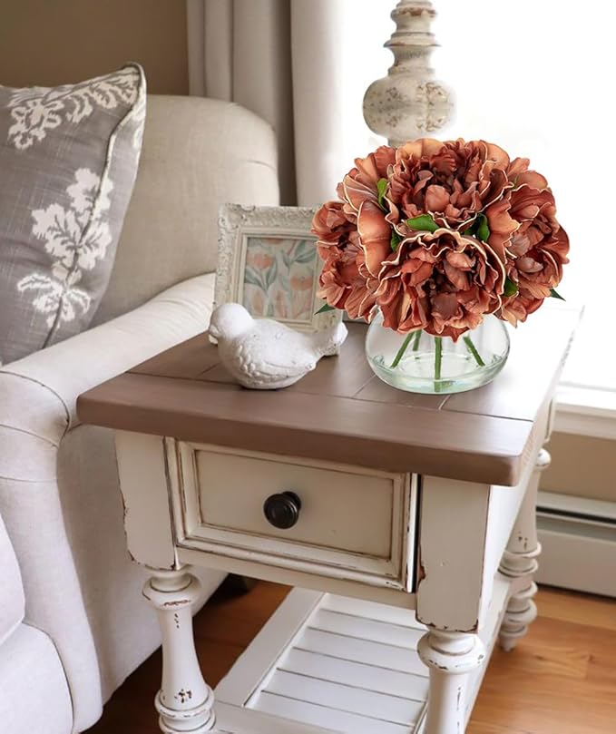 Hollyone Coffee Peonies Artificial Flowers with Vase Faux Flowers Peony Fake Flowers Silk Flower Arrangements in Glass Vase with Faux Water for Home Decor Bathroom Table Centerpiece Shelf Decorations