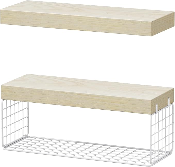 QEEIG Bathroom Shelves Over Toilet - Wall Mounted Floating Shelves Toilet Paper Storage Small Farmhouse Decor Shelf 16 inch Set of 2, Natural (019-BNW2)