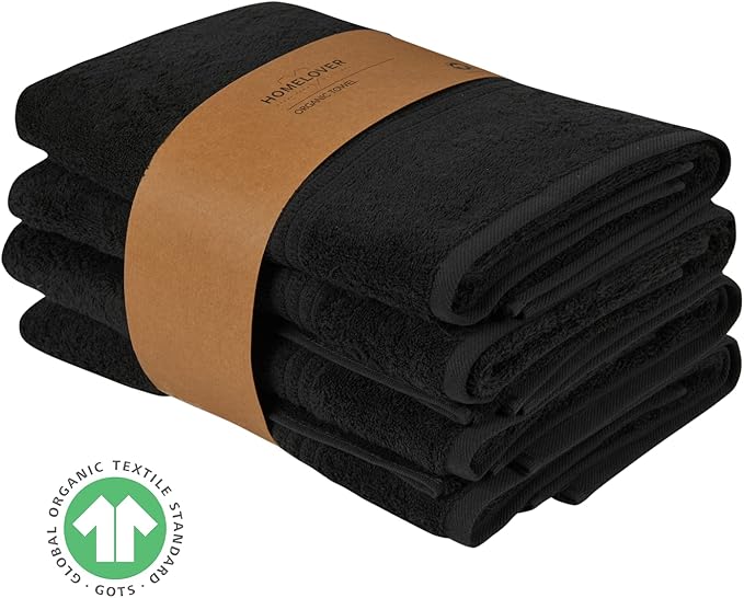 HOMELOVER 4 Piece Luxury Bath Towel Set - 100% Organic Cotton, 500 GSM, Hotel Quality, Highly Absorbent, Soft & Quick Drying Bathroom Towels for Showering, Washing & Guests (Charcoal Black)
