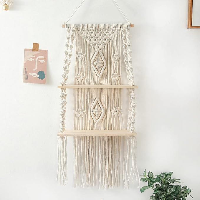 Macrame Wall Hanging Shelf Tassel Woven Macramé Shelves,Boho Wall Hanging Shelves for Small Plants Photo Frames,Home Living Room Bedroom Balcony Decor (2T)