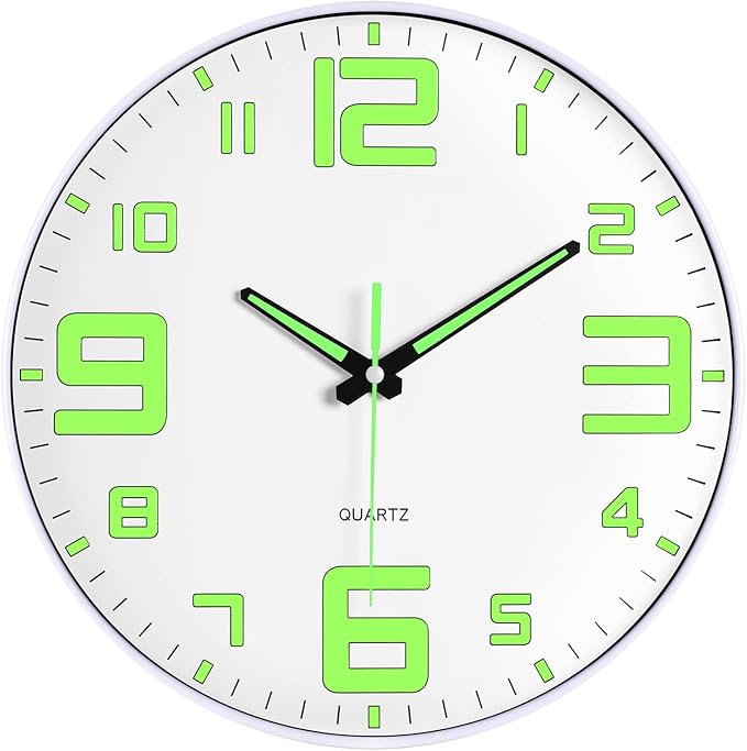 JoFomp Modern Night Light Wall Clock, 12 inch Silent Non-Ticking Clock with Glow in The Dark Function, Battery Operate Lighted Wall Clock for Living Room Kitchen Bedroom Decor (White)
