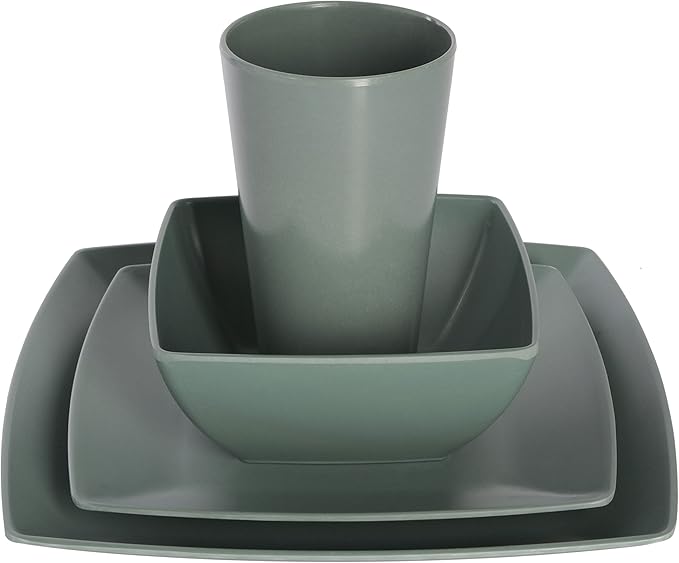 Gibson Home Soho Grayson Square Melamine Plastic Dinnerware Set, Service for Four (16pcs), Green