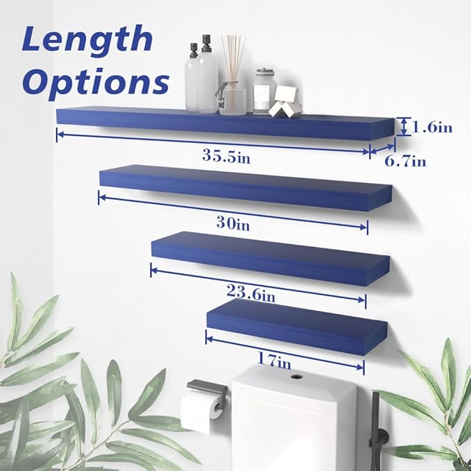 Floating Shelves, Bathroom Wall Shelf for Home Decor, 23.6 Inch Natural Wood Rustic Decor Shelf, Hanging Mounted Invisible Bracket, Set of 2, Navy Blue