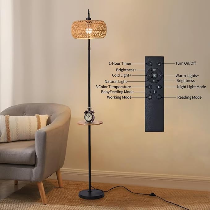 Black Floor Lamp for Living Room, Boho Rattan Floor Lamp with Shelf Farmhouse Standing Lamp with 3 Color Temperature, Arc Cornor Tall Lamp for Bedroom Office,Remote & Dimmable LED Bulb Included.