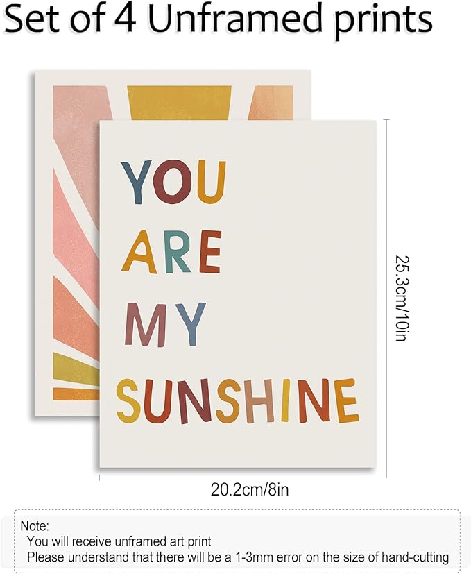 Boho Rainbow Nursery Art Set of 4 - You Are My Sunshine Wall Prints, Kids Room Decor