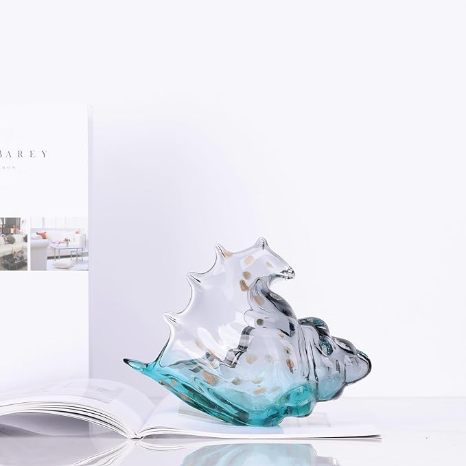 DOVDOV Hand Blown Glass Conch Statue, Gray Glass Art Figurine, Conch Shell Coastal Home Decor, Living Room TV Stand and Bookcase Decor, Bathroom Shelf top and Cabinet Decor.