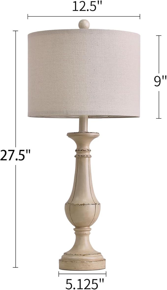 PoKat 27.5" Farmhouse Table Lamp for Living Room, Mid Century Tall Table Lamp for Bedroom, Bedside Lamps for Night Stands, Wood Bedroom Lamp for End Table, Traditional Lamp, Distressed Washed White