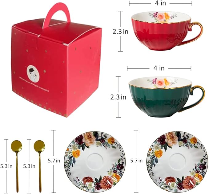 Coffee Cups and Saucers Set of 2,8 oz Tea Cup and Saucer Royal Vintage Ceramic Floral Lined Coffee Cup for Latte,Cappuccino,Porcelain Tea Sets Gift for Birthday Gifts(Red/Green)