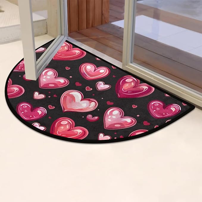 Half Round Black Door Mat Non Slip Bath Mats Love Heart Front Porch Rugs Cute Shower Mat for Living Room Bedroom Kitchen Bathroom Home Decor Gifts