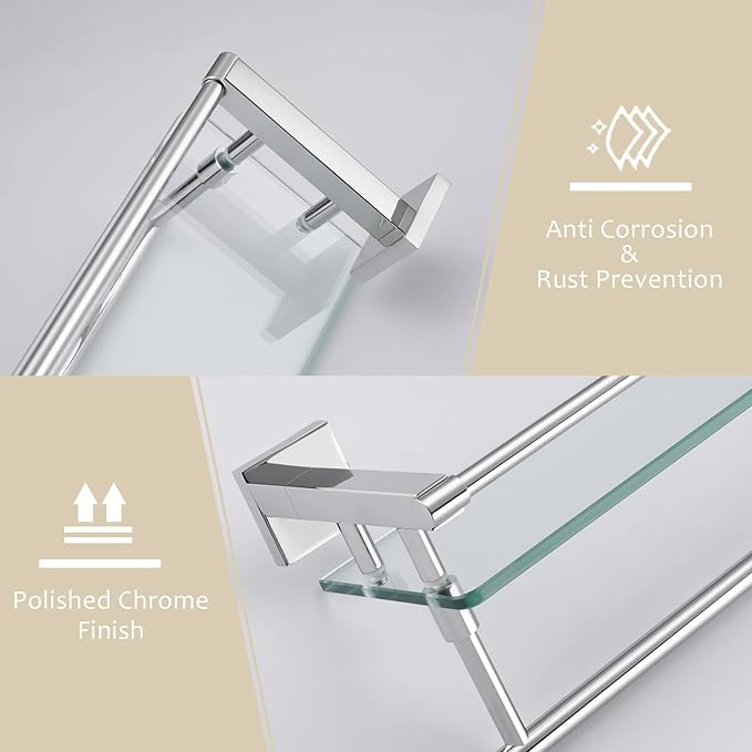 KOKOSIRI Bathroom Shelves with Towel Holder Rustproof 20'' Bathroom Tempered Glass Shelf with Rails Wall Mounted Stainless Steel, Polished Chrome Finish, B1103CH-L20