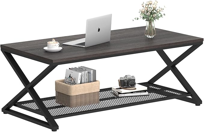 LVB Industrial Grey Coffee Table, Wood Metal 2 Tier Center Table with Storage, Rectangular Low Cocktail Table for Living Room, Farmhouse Concrete Tables for Home Office Bedroom, Dark Gray Oak, 47 Inch