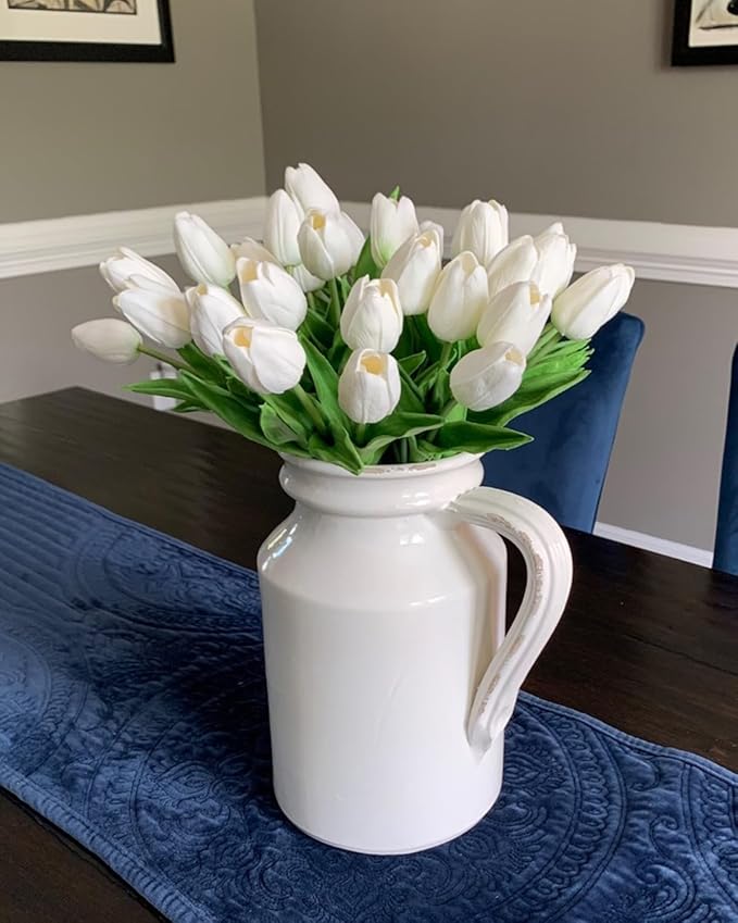 Beferr 10pcs White Tulips Artificial Flowers Faux Silk Tulip Real Touch Tulip Fake Flowers Bouquets Arrangements for Mothers Day Spring Easter Wedding Flowers Gifts Home Table Decor
