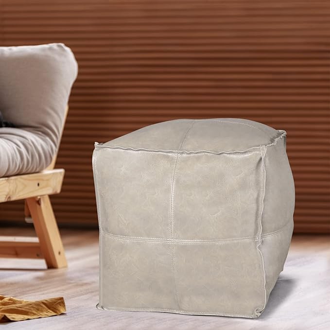 Louis Donné Pouf Ottoman Cover, Handmade Faux PU Leather Moroccan, Unstuffed Pouffe Ottomans, Grey White 17.7" Square, Ottoman Foot Rest for Living Room, Floor Chair for Christmas Decorations Gift