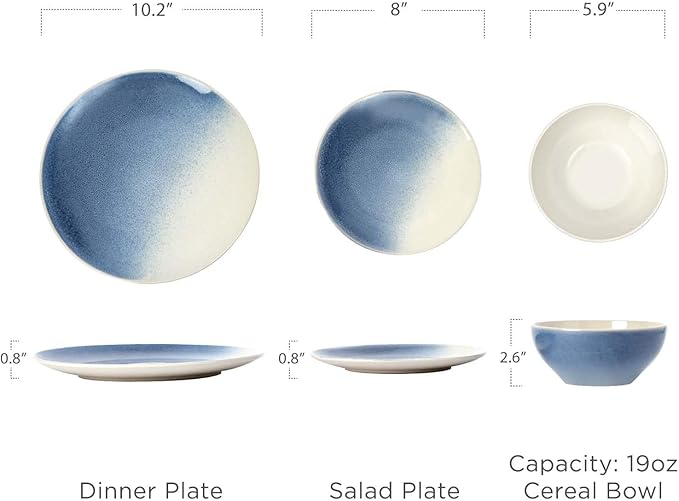 Famiware Glacier Dinnerware Sets, Plates and Bowls Dish Sets for 6 (18 Pieces), Stoneware Tableware - Dishwasher and Microwave Safe, Handcrafted Reactive Glaze, Azure Blue