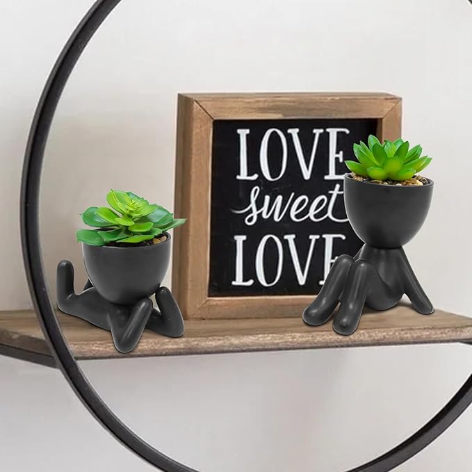 Zerzsy 2PCS Cute Artificial Succulent Plants with Creative Human Shaped Pots, Desk Decoration Mini Potted Planter Succulent Decor for Desktop Office Bedroom Table Decor (Matte Black)