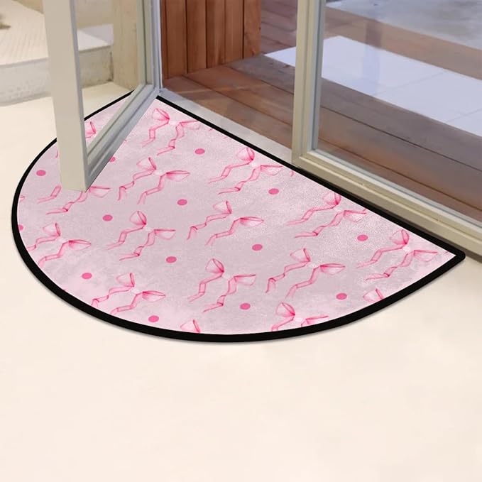 Half Round Doormat Pink Bow Rug Valentine's Day Decorative Mats Half Moon Kitchen Mat Cute Bathroom Rug Washable for Living Room Bedroom Decorative Gift