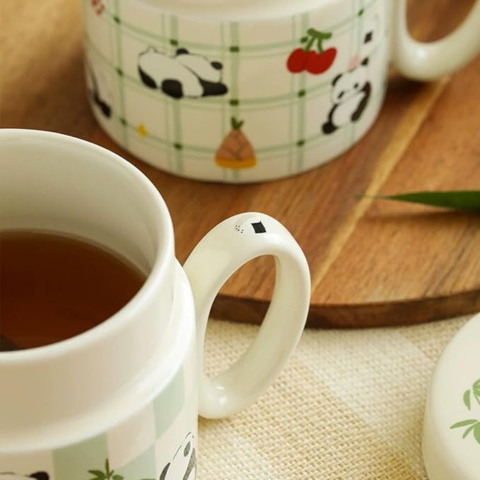 Ceramic Coffee Mug with Lid and Handle 380ml/12.85oz, Cute Cartoon Panda Design, Exquisite and Novelty Gift (Panda with Bamboo)
